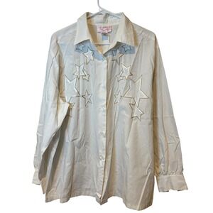 Vtg 90s CST Studio White Button Up Shirt Gold Star Embellishments Womens 20W